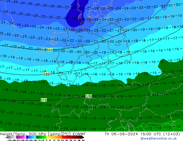 Height/Temp. 500 hPa ECMWF Th 06.06.2024 15 UTC