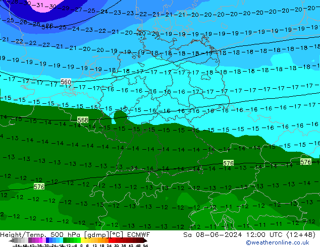 Height/Temp. 500 hPa ECMWF so. 08.06.2024 12 UTC