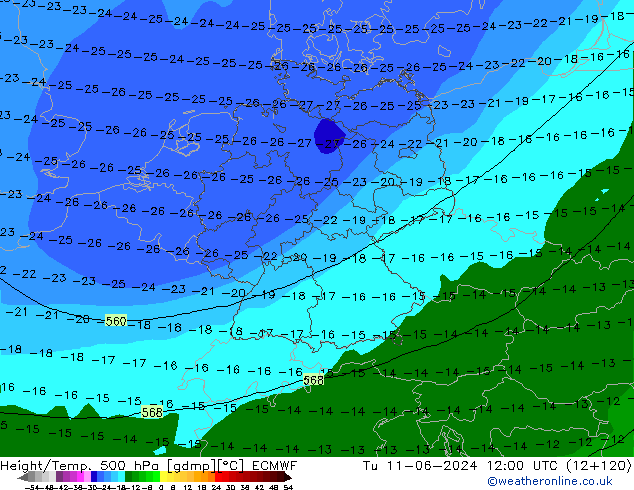 Z500/Rain (+SLP)/Z850 ECMWF Út 11.06.2024 12 UTC