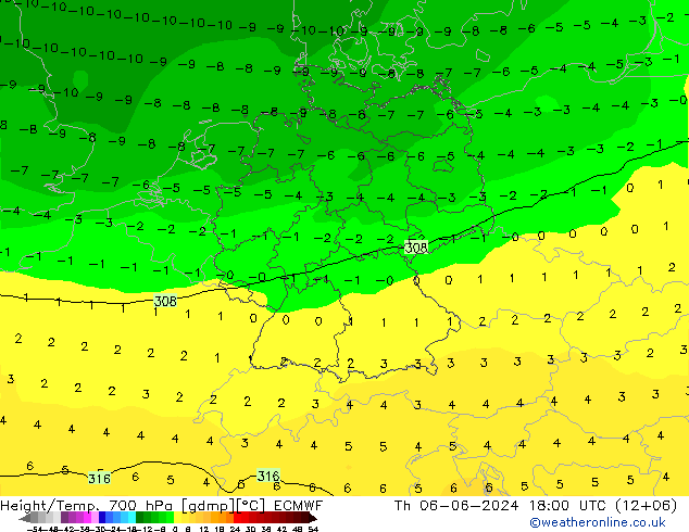 Height/Temp. 700 hPa ECMWF Th 06.06.2024 18 UTC