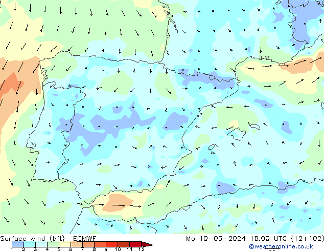 Vento 10 m (bft) ECMWF lun 10.06.2024 18 UTC