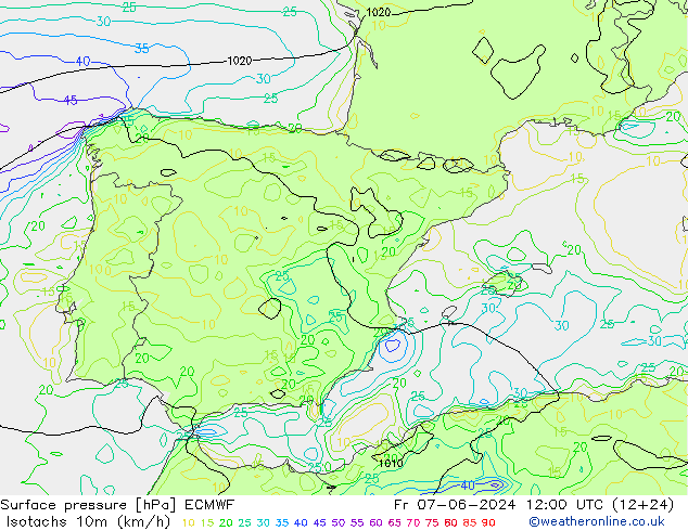 Isotachs (kph) ECMWF ven 07.06.2024 12 UTC
