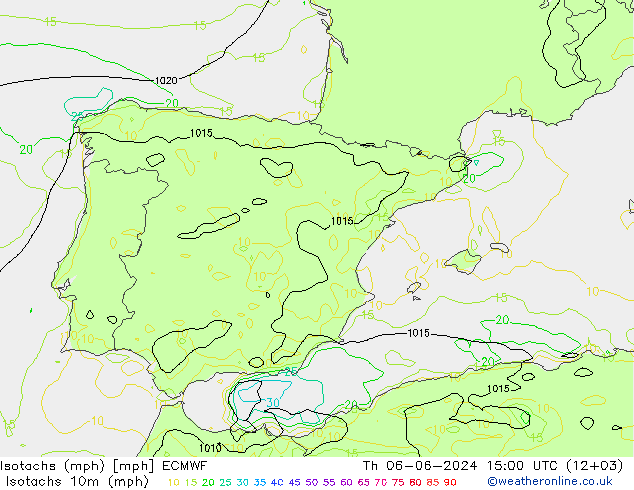 Isotachs (mph) ECMWF Th 06.06.2024 15 UTC