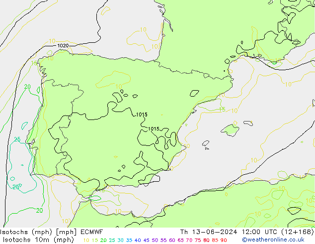 Isotachen (mph) ECMWF Do 13.06.2024 12 UTC