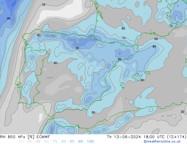 Humedad rel. 850hPa ECMWF jue 13.06.2024 18 UTC