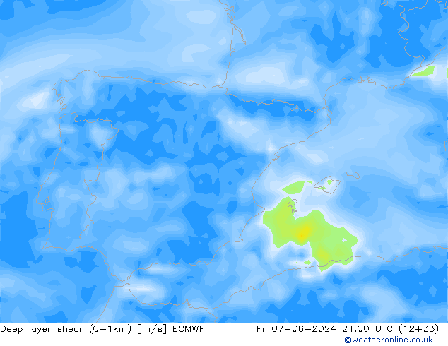 Deep layer shear (0-1km) ECMWF vr 07.06.2024 21 UTC