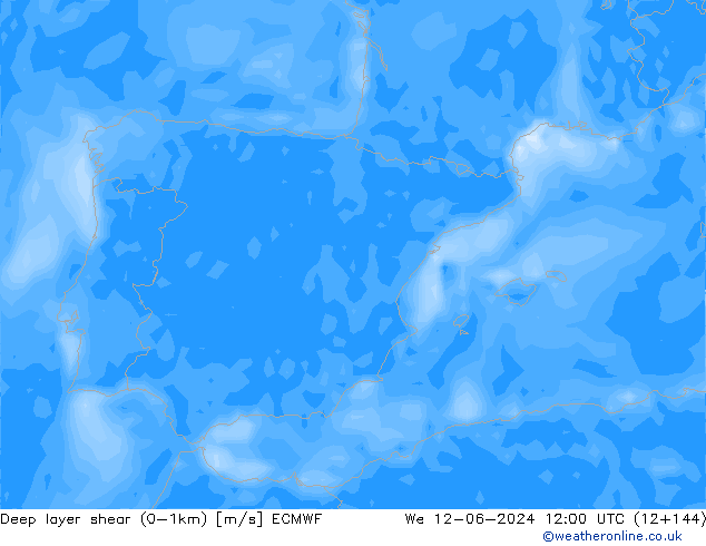 Deep layer shear (0-1km) ECMWF mer 12.06.2024 12 UTC