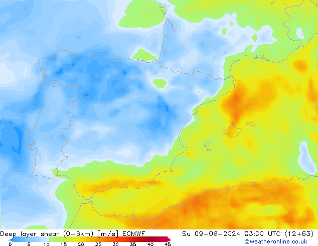 Deep layer shear (0-6km) ECMWF Paz 09.06.2024 03 UTC