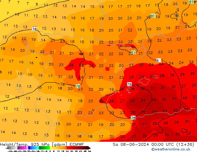 Height/Temp. 925 hPa ECMWF So 08.06.2024 00 UTC