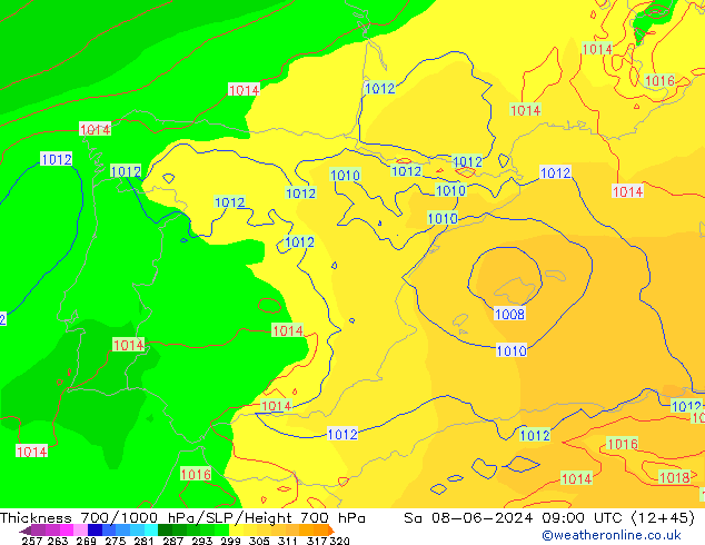 Thck 700-1000 hPa ECMWF Sáb 08.06.2024 09 UTC