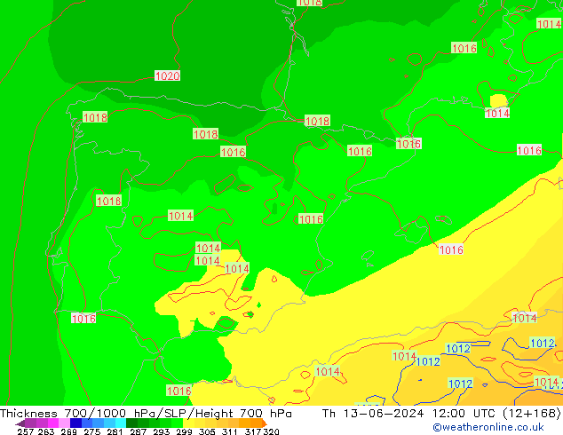 Thck 700-1000 hPa ECMWF gio 13.06.2024 12 UTC