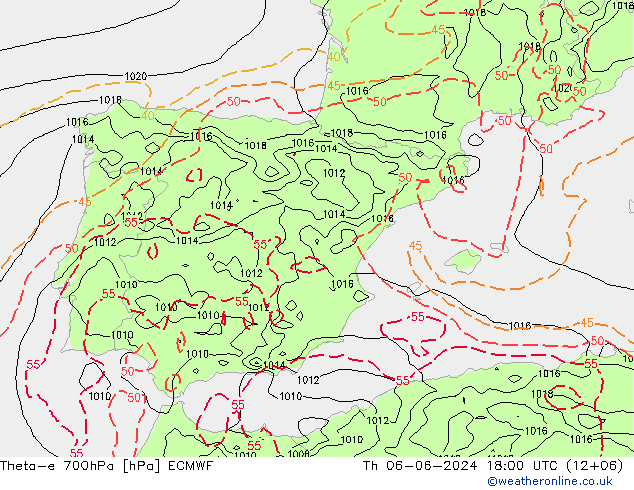 Theta-e 700hPa ECMWF Th 06.06.2024 18 UTC