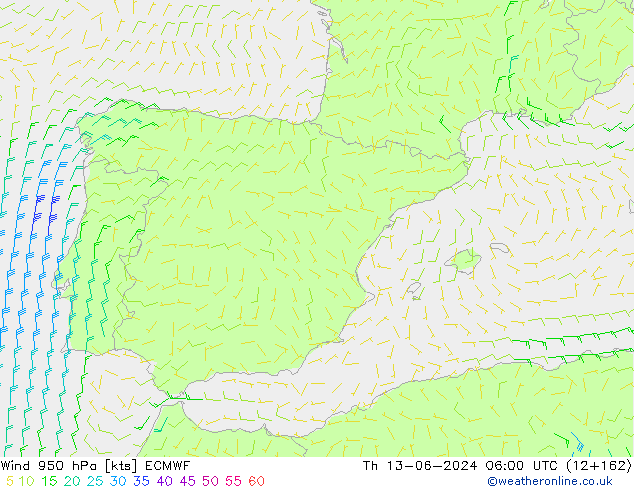 Vento 950 hPa ECMWF gio 13.06.2024 06 UTC