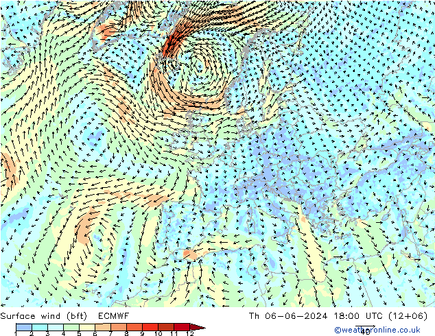 Rüzgar 10 m (bft) ECMWF Per 06.06.2024 18 UTC