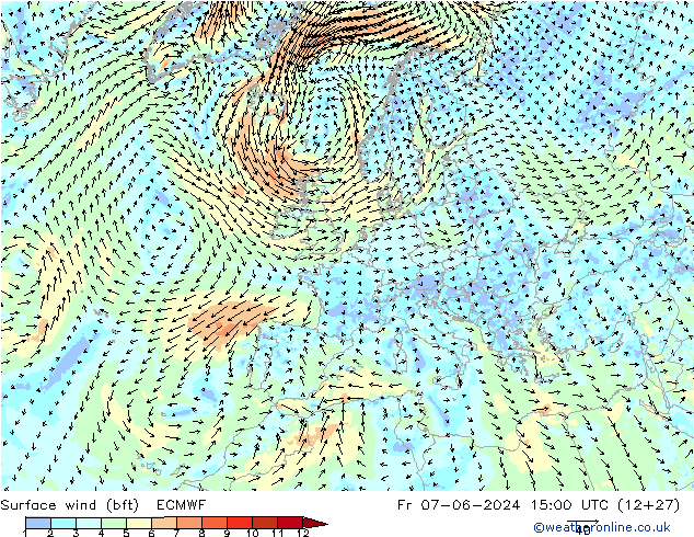 wiatr 10 m (bft) ECMWF pt. 07.06.2024 15 UTC