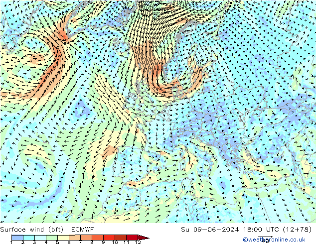  10 m (bft) ECMWF  09.06.2024 18 UTC