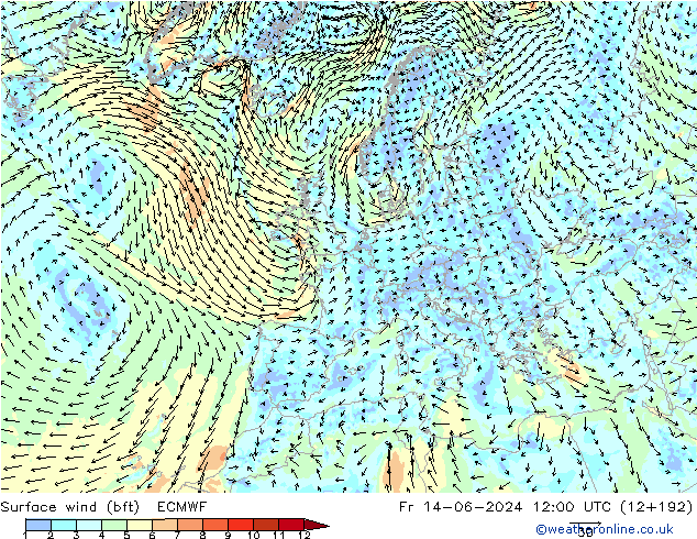 Surface wind (bft) ECMWF Fr 14.06.2024 12 UTC