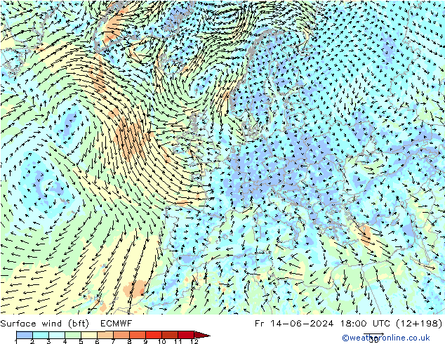 Bodenwind (bft) ECMWF Fr 14.06.2024 18 UTC