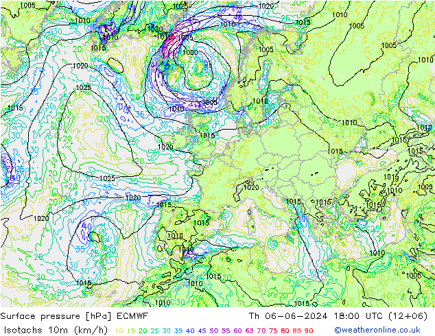 10米等风速线 (kph) ECMWF 星期四 06.06.2024 18 UTC