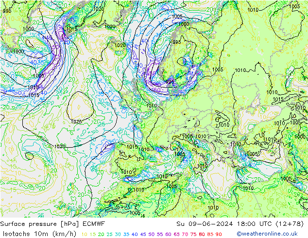 Isotachen (km/h) ECMWF So 09.06.2024 18 UTC