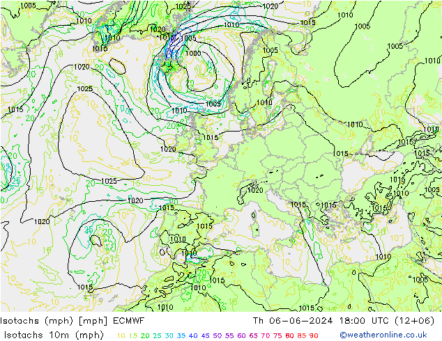 Isotachs (mph) ECMWF чт 06.06.2024 18 UTC