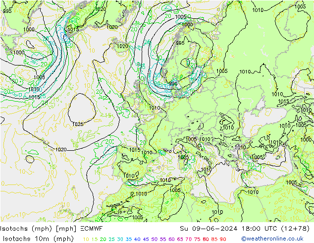 Isotachen (mph) ECMWF So 09.06.2024 18 UTC