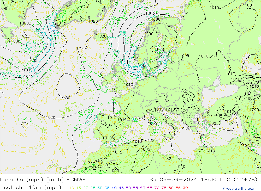 Isotachs (mph) ECMWF dom 09.06.2024 18 UTC