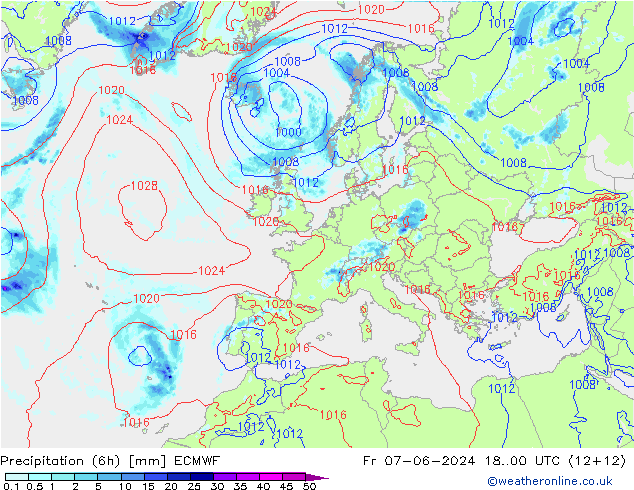 осадки (6h) ECMWF пт 07.06.2024 00 UTC