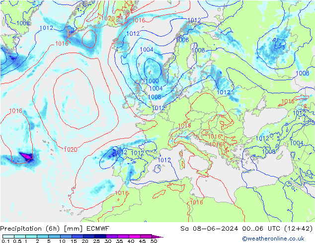 Z500/Rain (+SLP)/Z850 ECMWF сб 08.06.2024 06 UTC