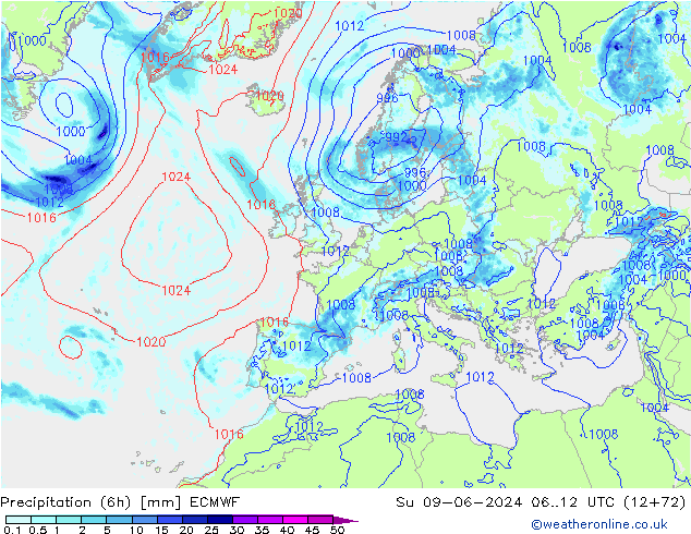 Z500/Rain (+SLP)/Z850 ECMWF Su 09.06.2024 12 UTC