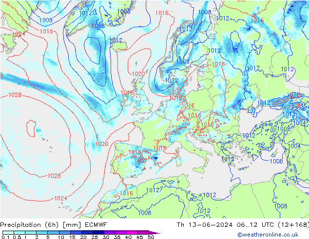 Z500/Rain (+SLP)/Z850 ECMWF Th 13.06.2024 12 UTC