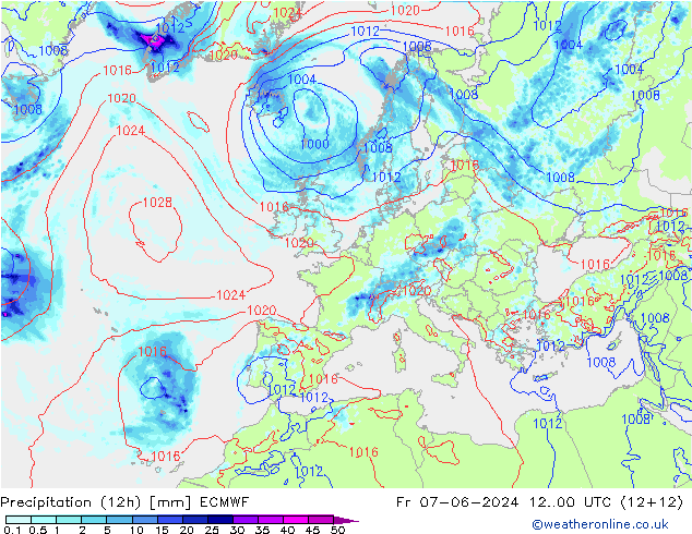 Precipitation (12h) ECMWF Pá 07.06.2024 00 UTC