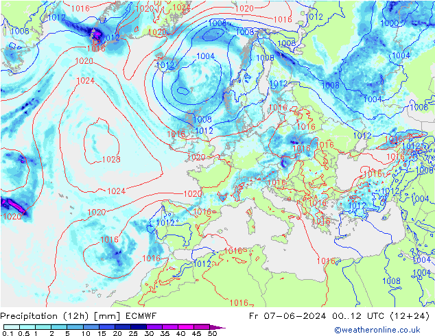 Precipitation (12h) ECMWF Fr 07.06.2024 12 UTC