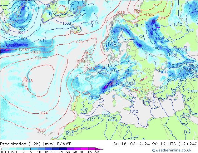 Totale neerslag (12h) ECMWF zo 16.06.2024 12 UTC