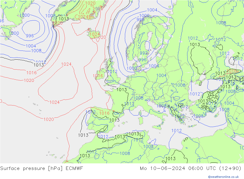 pressão do solo ECMWF Seg 10.06.2024 06 UTC