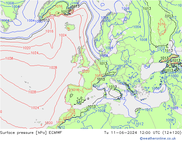 Surface pressure ECMWF Tu 11.06.2024 12 UTC