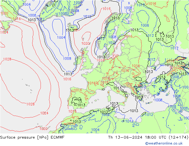 Surface pressure ECMWF Th 13.06.2024 18 UTC