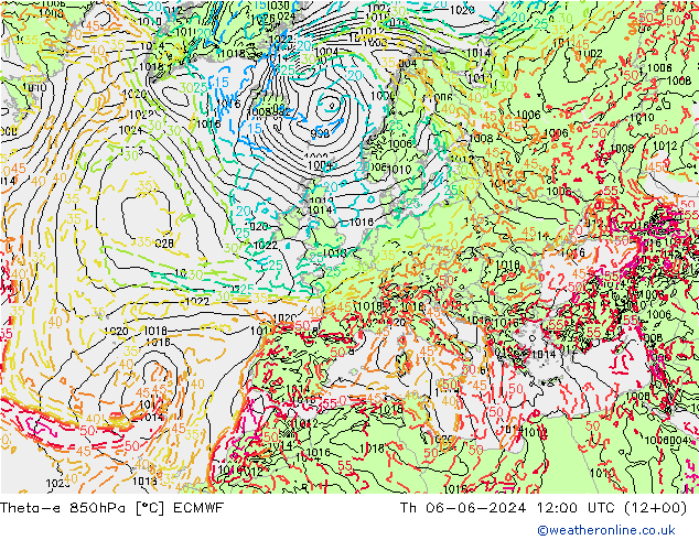 Theta-e 850hPa ECMWF gio 06.06.2024 12 UTC