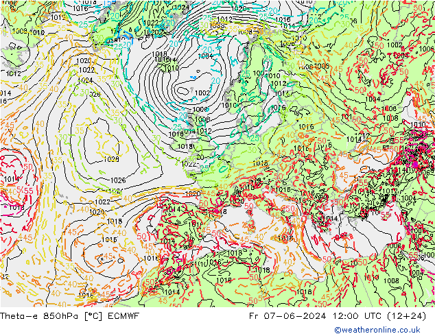 Theta-e 850hPa ECMWF Sex 07.06.2024 12 UTC