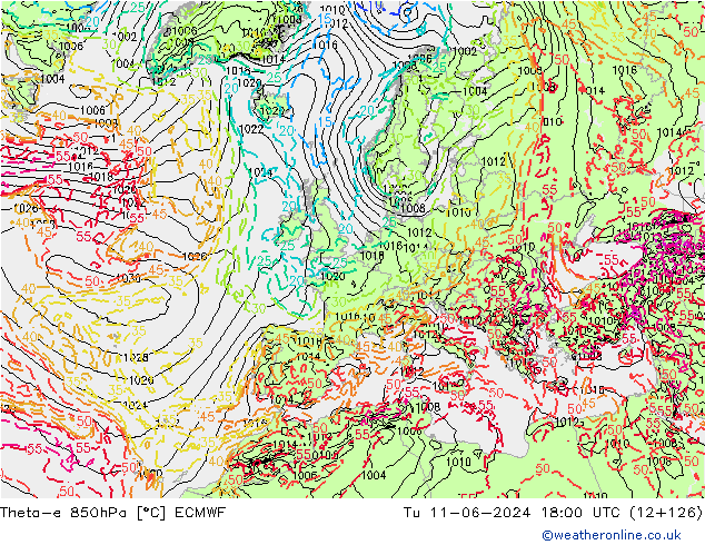 Theta-e 850hPa ECMWF Di 11.06.2024 18 UTC