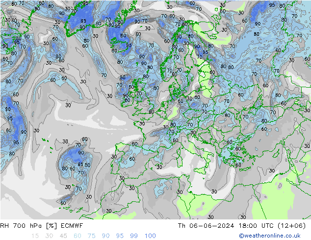 RH 700 hPa ECMWF Th 06.06.2024 18 UTC