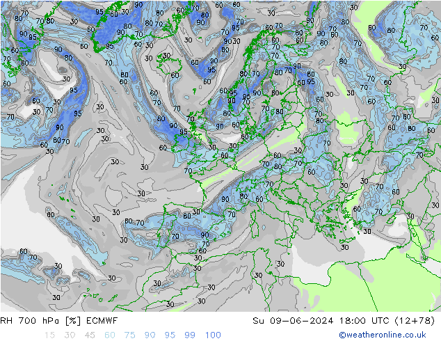 RH 700 гПа ECMWF Вс 09.06.2024 18 UTC