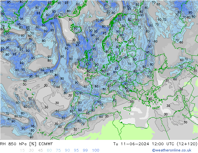 RH 850 hPa ECMWF wto. 11.06.2024 12 UTC