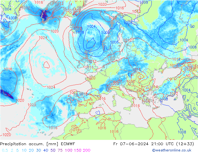 Precipitation accum. ECMWF пт 07.06.2024 21 UTC