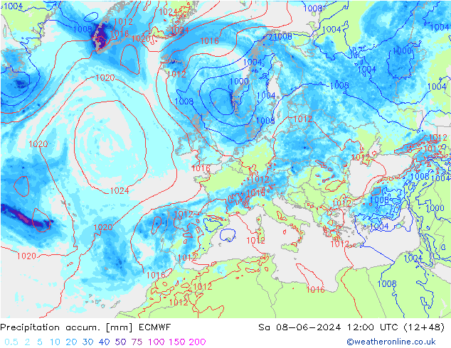 Precipitation accum. ECMWF сб 08.06.2024 12 UTC