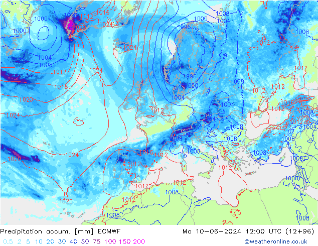 Totale neerslag ECMWF ma 10.06.2024 12 UTC