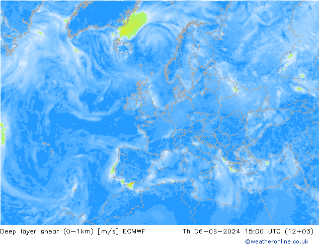 Deep layer shear (0-1km) ECMWF Do 06.06.2024 15 UTC