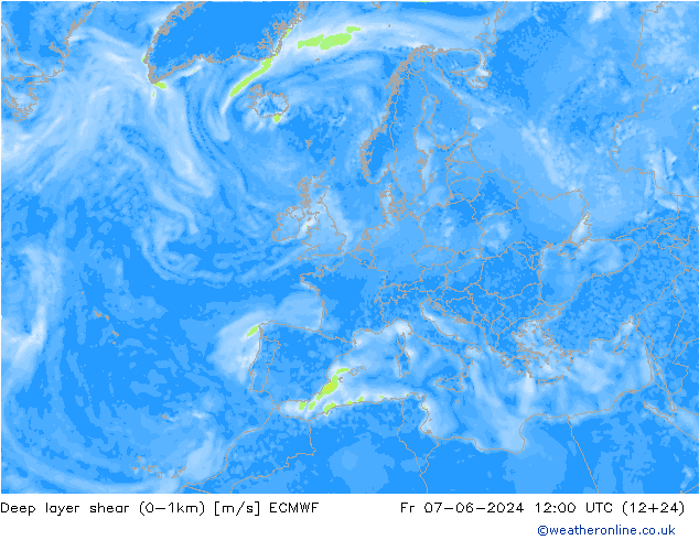 Deep layer shear (0-1km) ECMWF Fr 07.06.2024 12 UTC