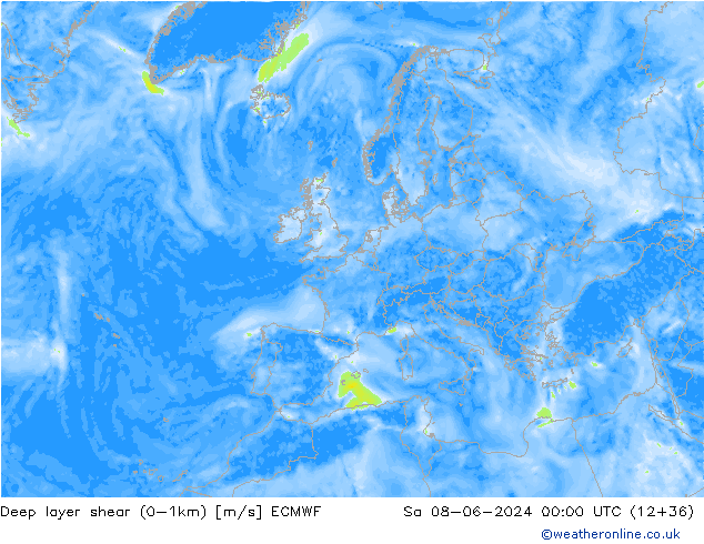 Deep layer shear (0-1km) ECMWF sáb 08.06.2024 00 UTC