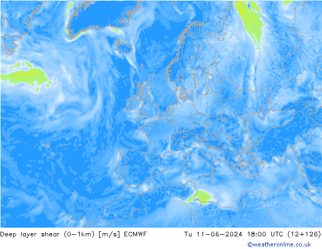 Deep layer shear (0-1km) ECMWF Ter 11.06.2024 18 UTC